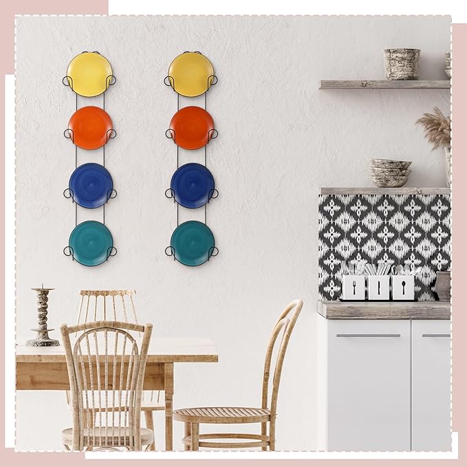 Menkxi 2 Pcs Vertical Wall Plate Holder for Display Plate Hanger Includes Non Adjustable Brackets Wall Mount Plate Rack for Display Plates Dishes(4 Tier,Black)