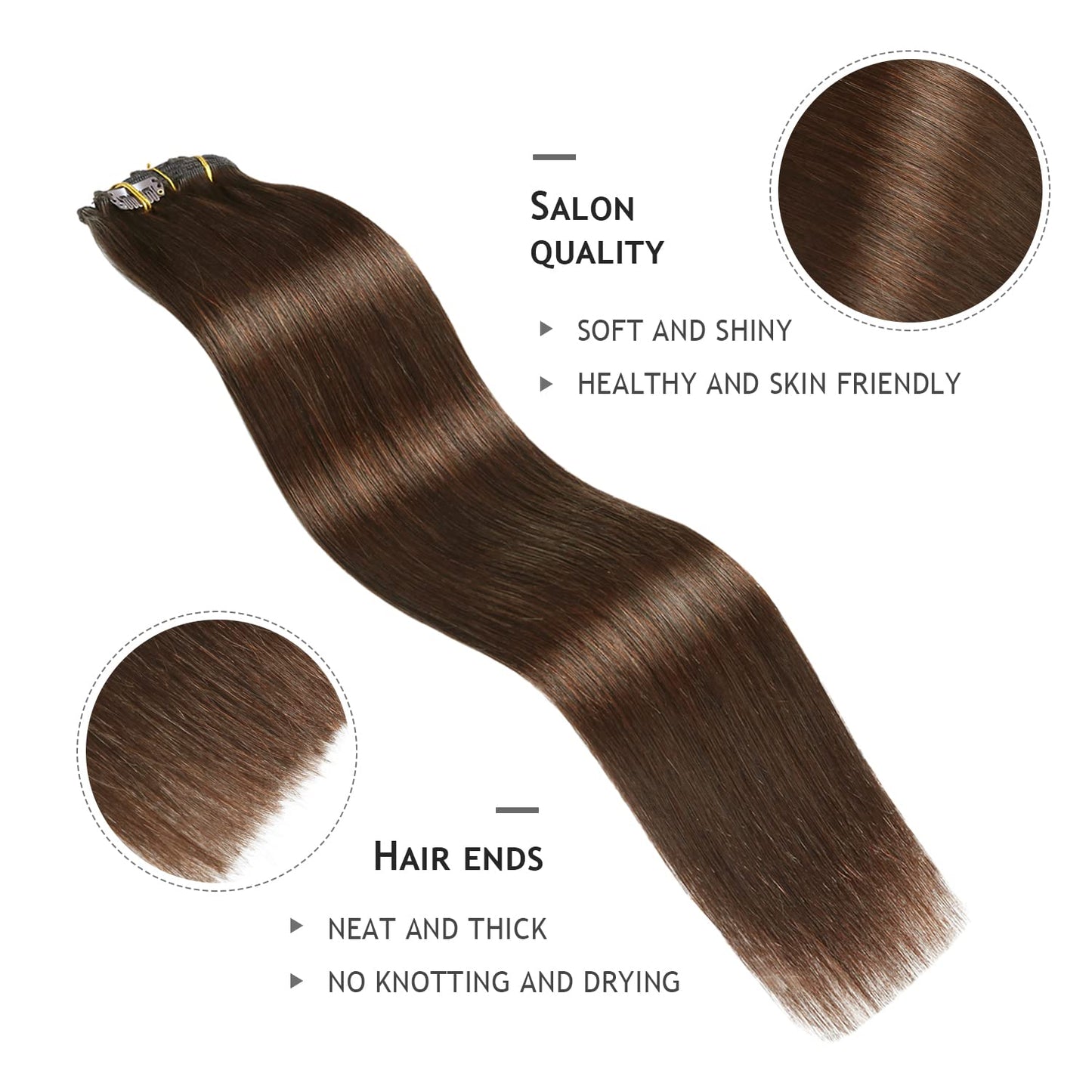 YILITE Hair Extensions Clip in 100% Real Human Hair 8Pcs/Pack 120g Chocolate Brown Thick Silky Straight Remy Human Hair Extensio
