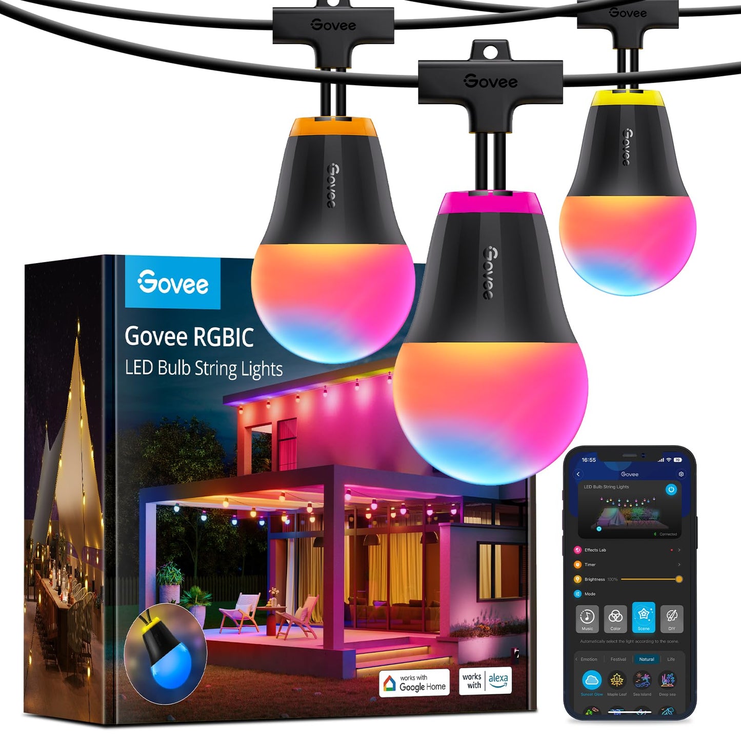 Govee Outdoor String Lights H1, 50ft RGBIC Outdoor Lights with 15 Dimmable Warm White LED Bulbs, Smart Outdoor Lights with 60 Scene Modes, IP65 Waterproof, Work with Alexa, Daily Lighting