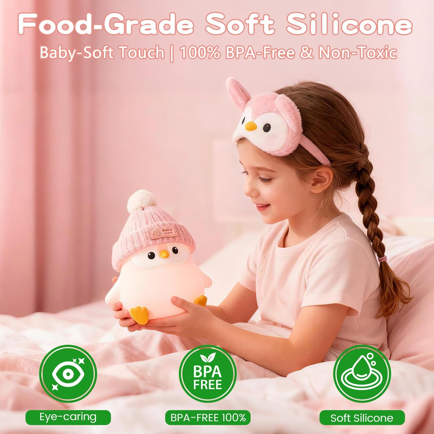 Famiduo Penguin Silicone Night Light  Cute Pink Penguin Lamp With Knitted Hat  Soft Nursery Nightlight  Usb Rechargeable/Dimmable Led Squishy Novelty Animal Bedside Lamp Funny Gifts For Kids/Girls