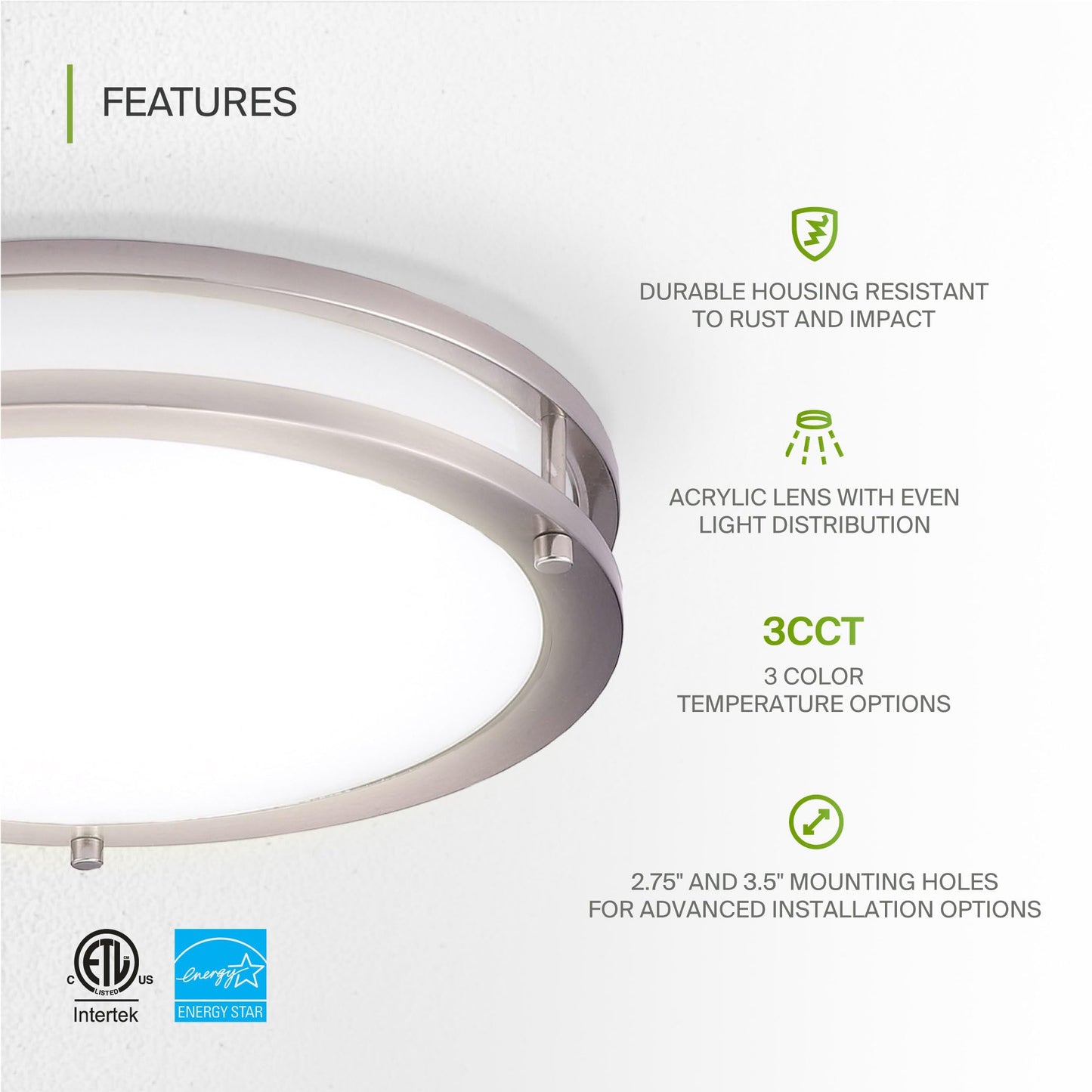 Asd Led 16 Inch Round Flush Mount Light Fixture | 24W 1900Lm 3000K-5000K 120V | 3Cct  Dimmable  Energy Star  Etl Listed | Close To Ceiling Double Ring Lamp  Low Profile Lighting | Nickel