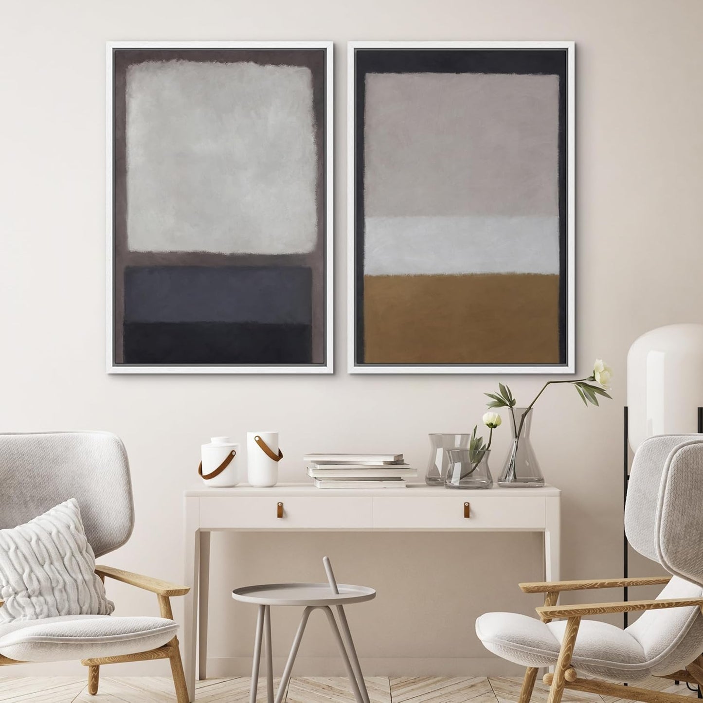 SIGNWIN Framed Canvas Print Wall Art Set Gray Brown Pastel Geometric Color Blocks Abstract Shapes Illustrations Art Contemporary Decorative for Living Room, Bedroom, Office - 24"x36"x2 White