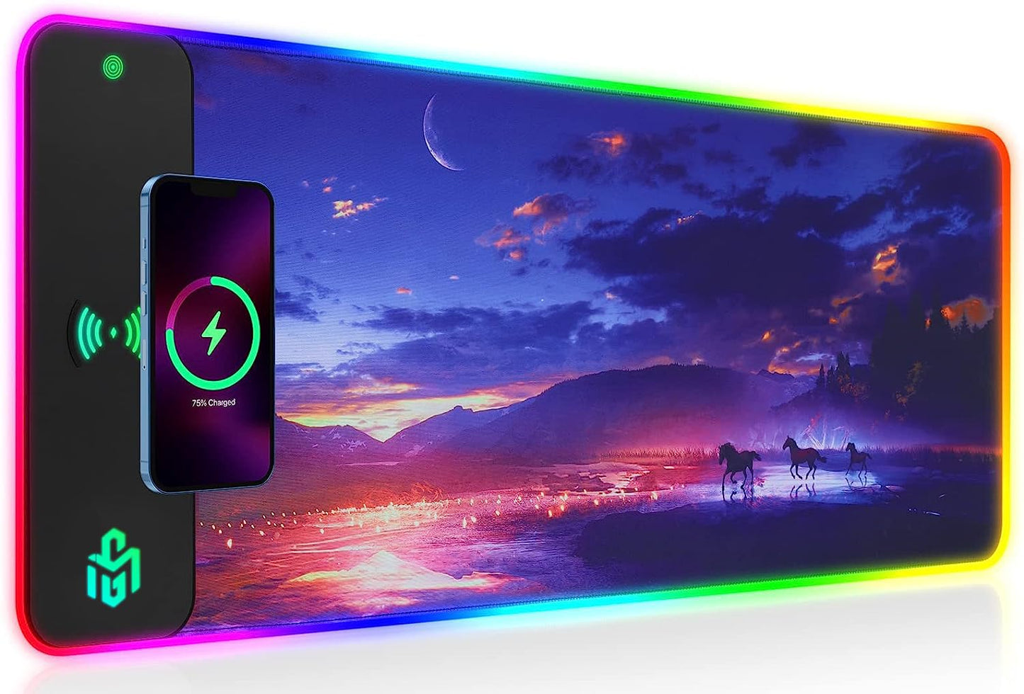 GIM Wireless Charging RGB Gaming Mouse Pad 15W, LED Mouse Mat 800x300x4MM, 10 Light Modes Extra Large Mousepad Non-Slip Rubber Base Computer Keyboard Mat for Gaming, MacBook, PC, Laptop, Desk（Sunset）