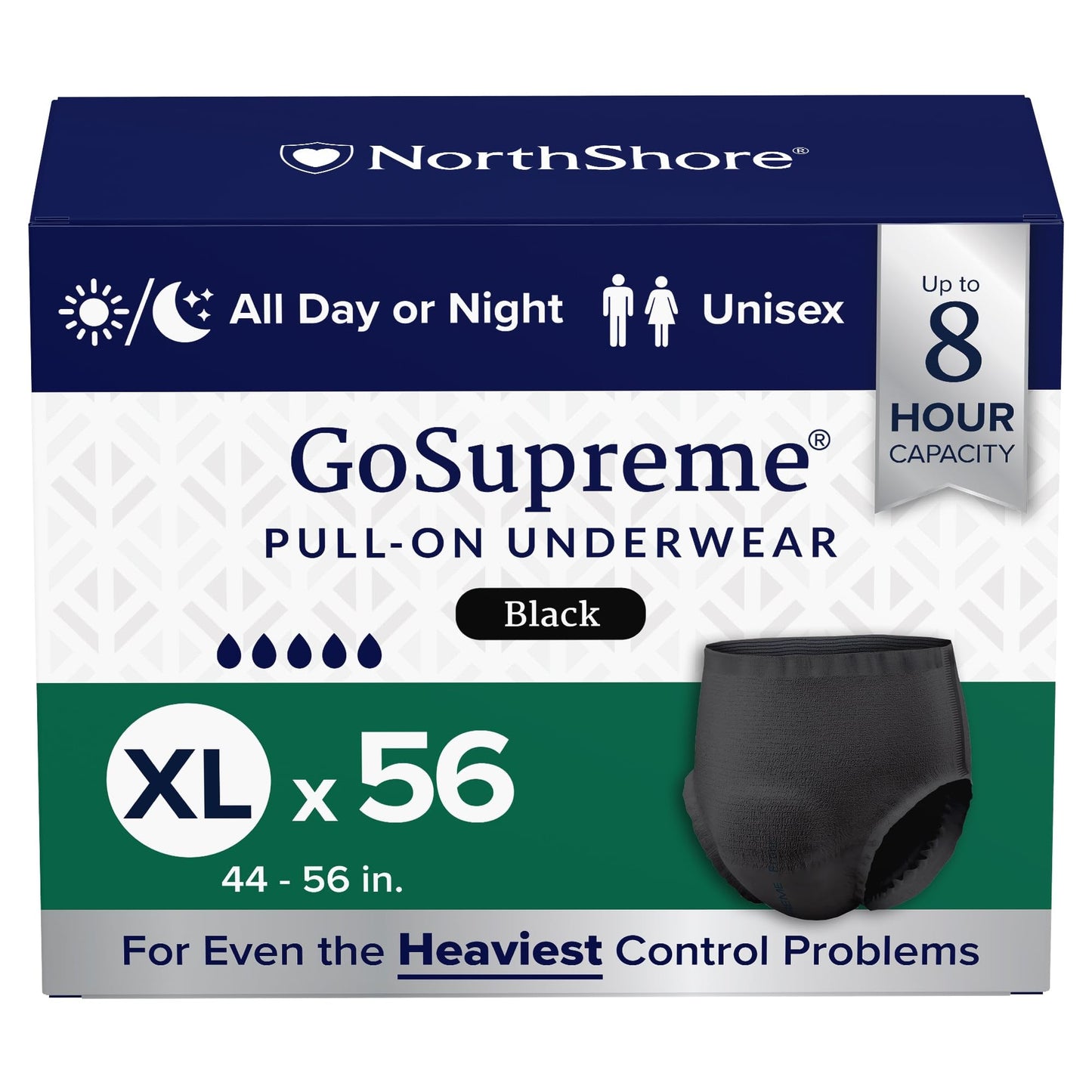 NorthShore GoSupreme Overnight Pull-On Underwear, 8-Hour Leak Protection, X-Large, 56-Count Case, Black, (44-56 in Waist), Unisex Adult Diapers