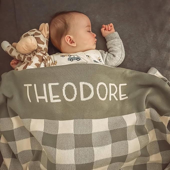 Personalized Gingham Name Blanket – 100% Cotton Baby Blanket, Gingham Band Design, Customized with Name, Boys and Girls, Bassinet and Crib, Gift for Baby, Newborn, Toddler or Kids (Bassinet)