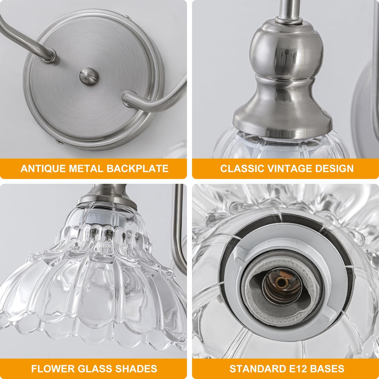Brknit Vintage Bathroom Light Fixtures Over Mirror  2-Light Brushed Nickel Wall Sconce Lighting With Flower Glass Shade  Farmhouse Vanity Lights For Bedroom Kitchen Living Room Hallway Light