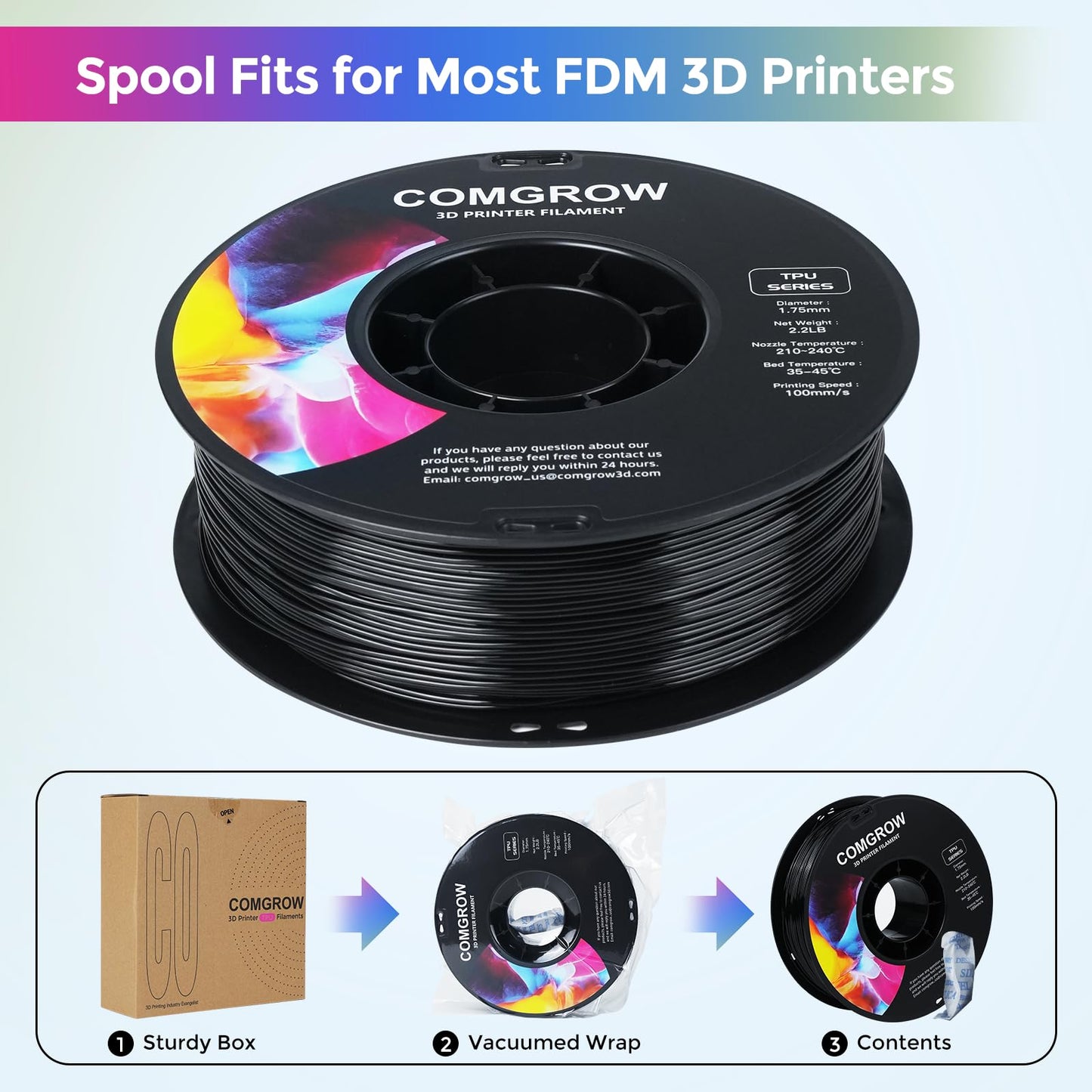 Comgrow TPU Filament, 1.75mm, 95A Soft TPU Flexible 3D Printer Filament Black 1kg (2.2lbs), Dimensional Accuracy +/- 0.02 mm, Fit Most FDM Printer