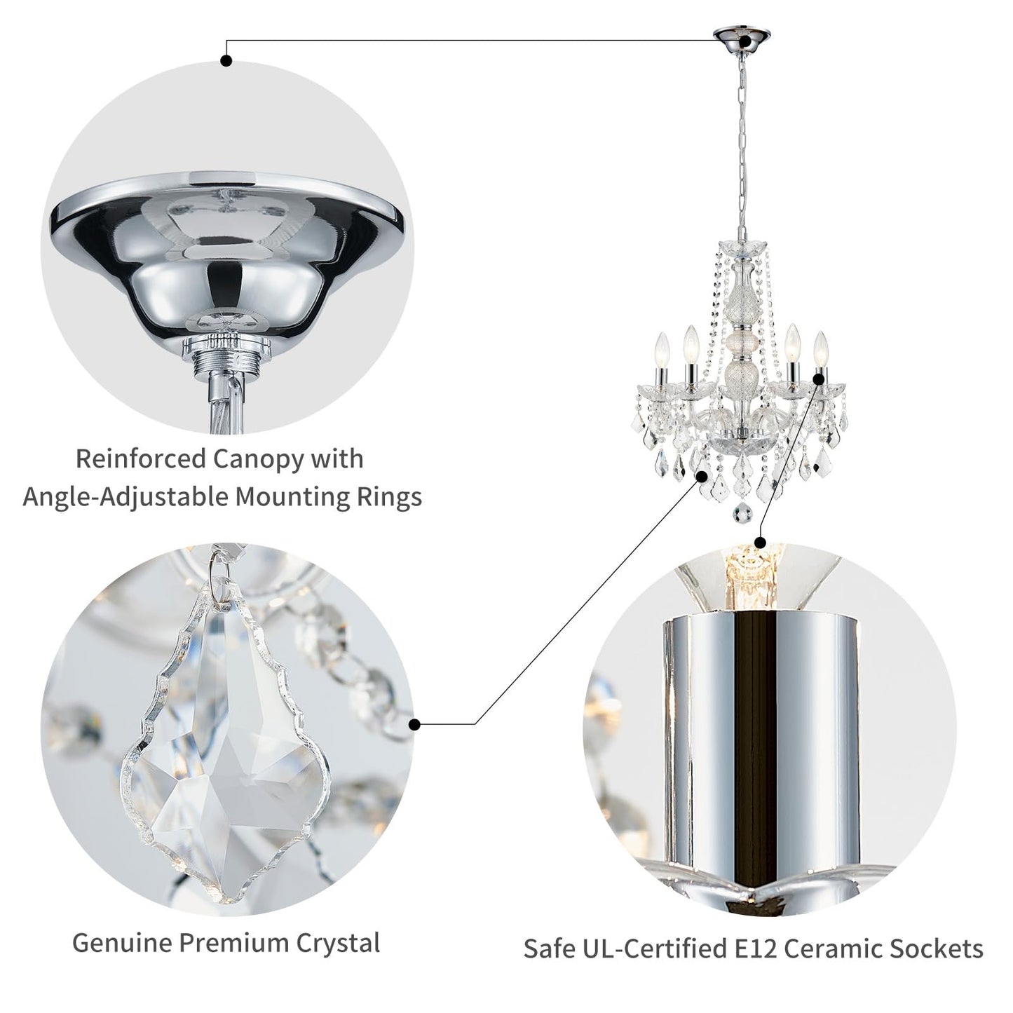 Wuzups 5-Light Crystal Candle Chandelier Pendant Ceiling Light Modern Lighting Fixture For Bedroom Hallway Bar Kitchen Bathroom  H 25 W 20  E12 Base  Chrome