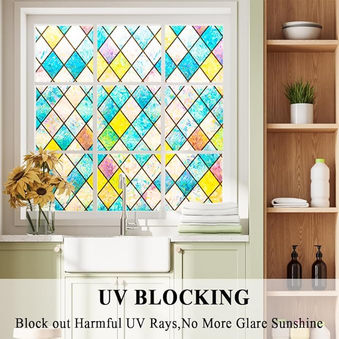 Colorful Stained Glass Window Film 3D Prism Sliding Door Privacy Covering Static Cling Church Tint Decorative Suncatcher Cover Decal No Glue Heat Cotrol Anti Glare Removable Home Office,35x78.7in.
