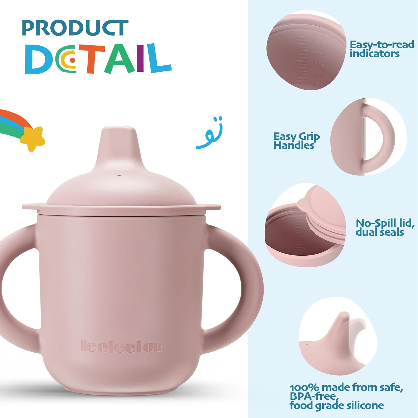 Leeleelon® Silicone Sippy Cups for Baby, Leak-Proof Sippy Cups for Baby & Toddler with Handles, Soft Spout Sippy Cup for Infants, 6+ Months, 6oz/180ml (Pack of 2)