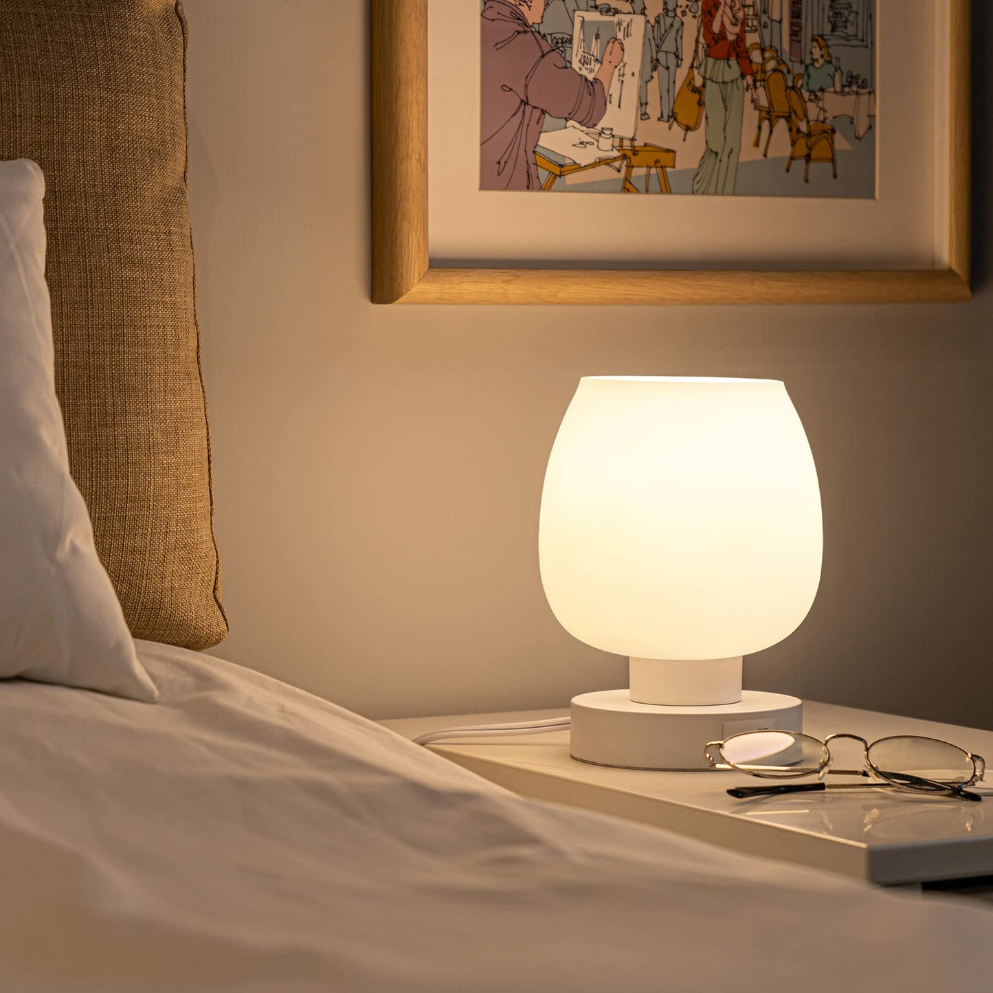 ONEWISH Touch Bedside Table Lamp, USB C+A Ports, 3-Way Dimmable, Glass Shade, Warm LED Bulb, Small, USB-white