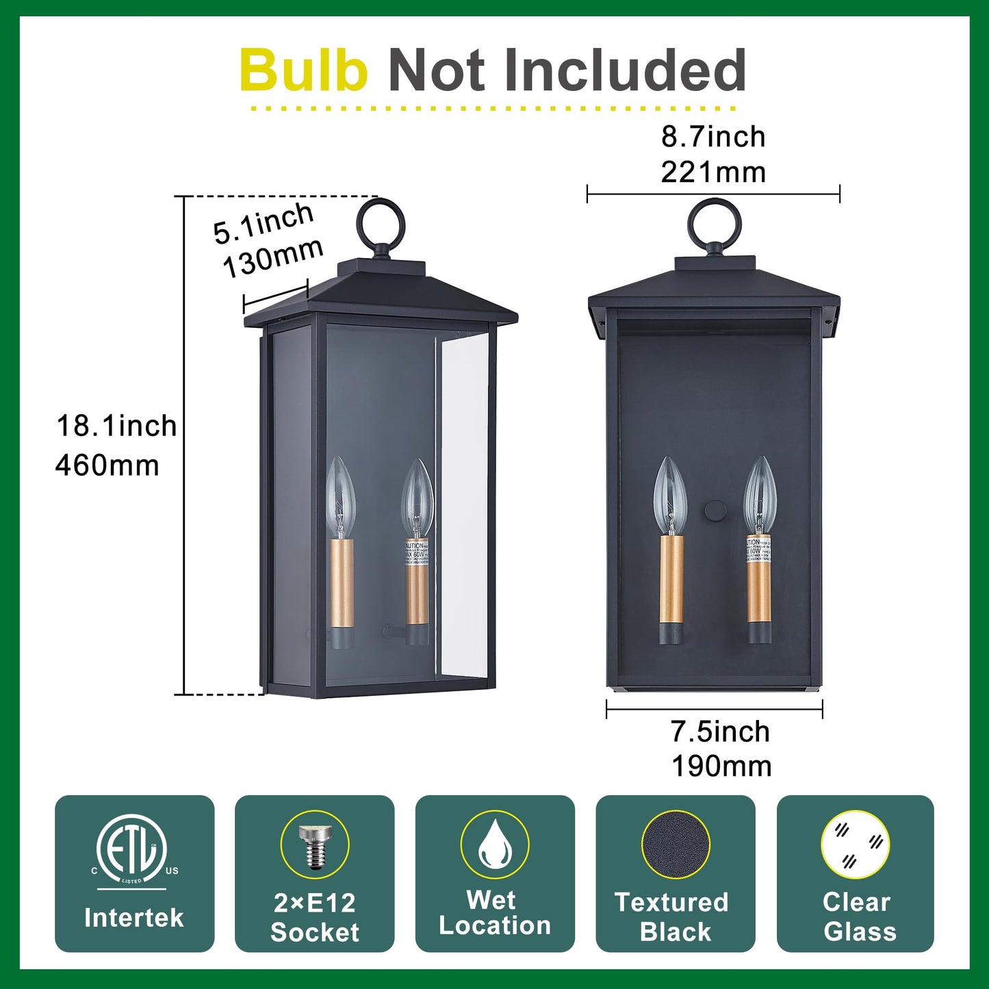 Tarentlight 18 Inch Wall Light In Clear Glass And Textured Black And Golden Candle Cap Sleeve Outdoor Lighting Wall Sconce 2-Light 120Watts For House Doorway Garage Bulb Not Included.