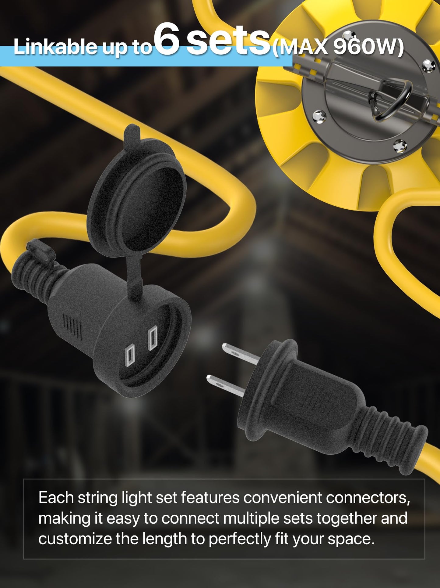 HYPERLITE LED String Lights - 50FT Work Lights with 5 Bulbs, IP65 Waterproof, White, Model HP-JL-BU01