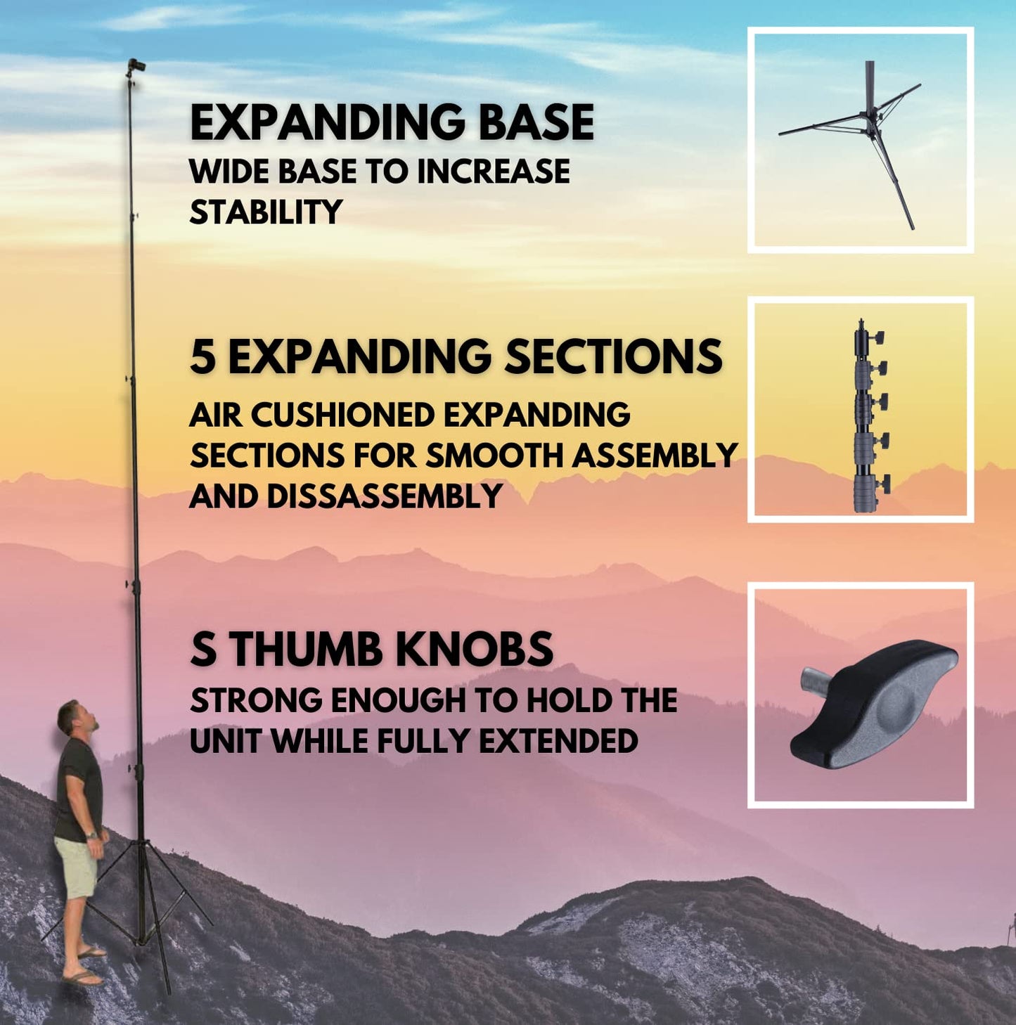 Glide Gear TST 20 Sky High 20' Tall Video Camera Tripod Stand – Air-Cushioned Telescoping Sections, Supports Up to 8 lbs – Ideal for Overhead Shots in Film & Photo - Stabilization Kit Included