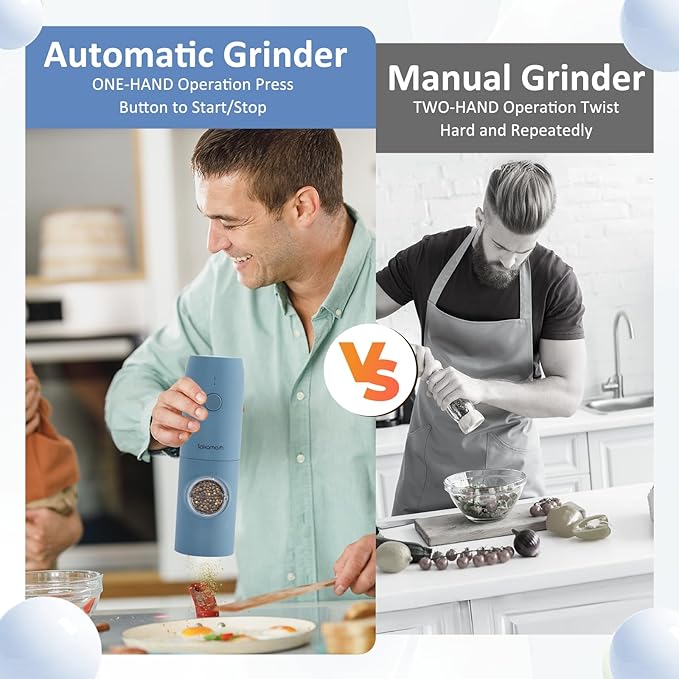 Electric Salt and Pepper Grinder Set, Rechargeable,Adjustable Coarseness with LED Light, Electric Salt and Pepper Shakers Refillable(2 Packs, Blue)