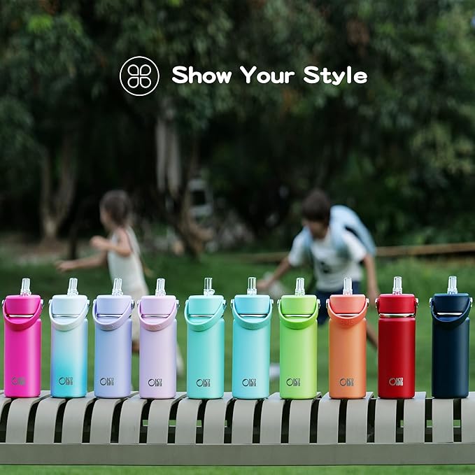Kids Water Bottle with Straw Lid 14oz, Vacuum Insulated 316 Stainless Steel Water Bottles for Kids for School, Leakproof Water Bottle, BPA Free and Keep Cold for 24 Hours