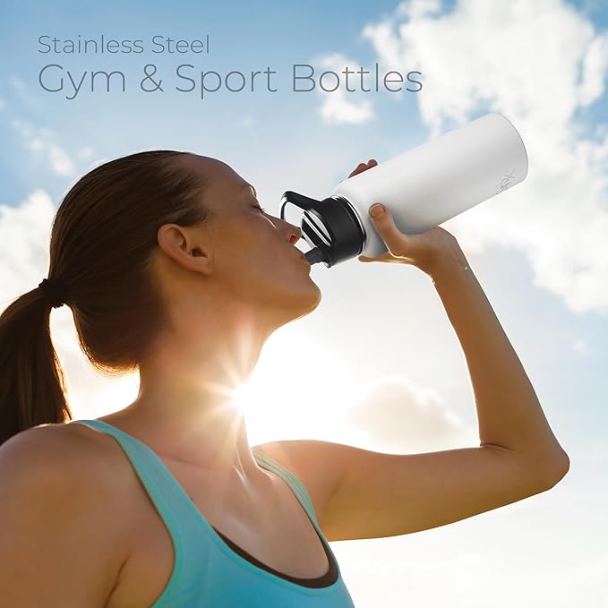 SipX™ Triple-Insulated Stainless Steel Water Bottle 40oz. With 3 Lids, BPA-Free Reusable Insulated Water Bottle Keeps Cold 24 Hours, Metal Water Bottle Made Of Sustainable Material For Hiking & Biking