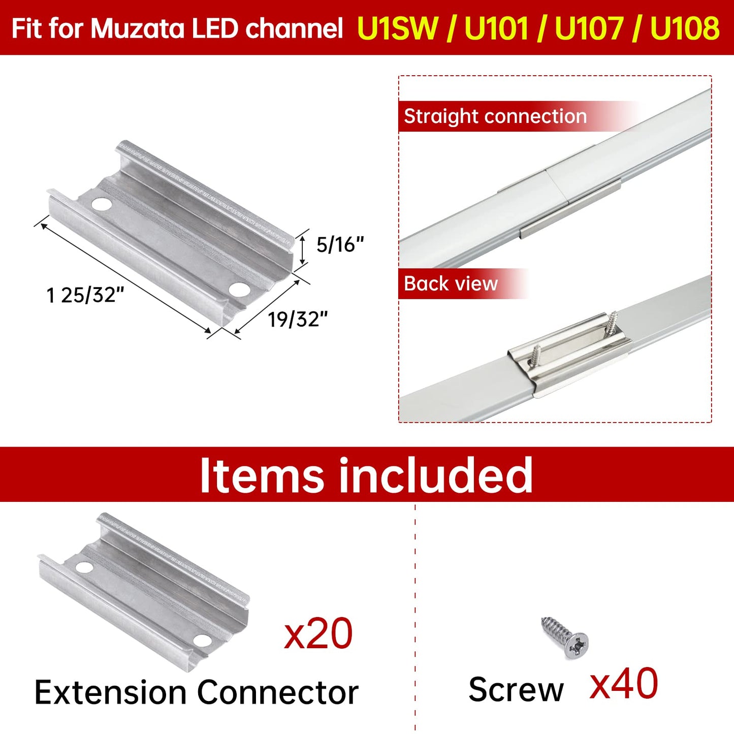 Muzata LED Channel Extension Connectors 20Pack, Model LCB1, Metal, Fits U1SW U101 U107 U108, 17MM Width U Shape