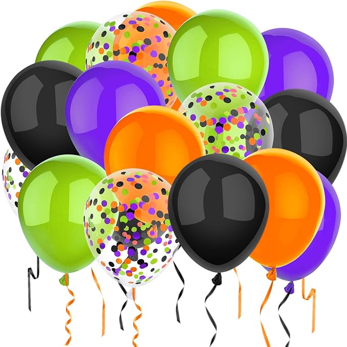 PheiLa 50 Pcs 12 Inch Halloween Balloons Orange Black Purple Green Confetti Balloons for Halloween Trick or Treat Party Sp...