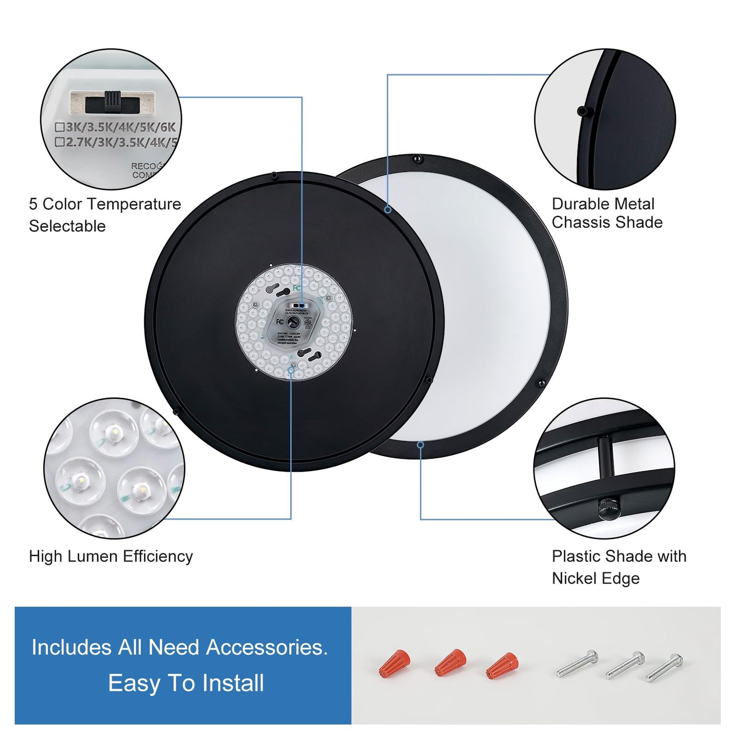 Dllt 2Pack Flush Mount Led Ceiling Light: 13 Inch 5Cct (3000K-6000K) & Dimmable Ceiling Light Fixtures For Bedroom Hallway - 24W Modern Black Super Bright Kitchen Lighting Fixtures Ceiling