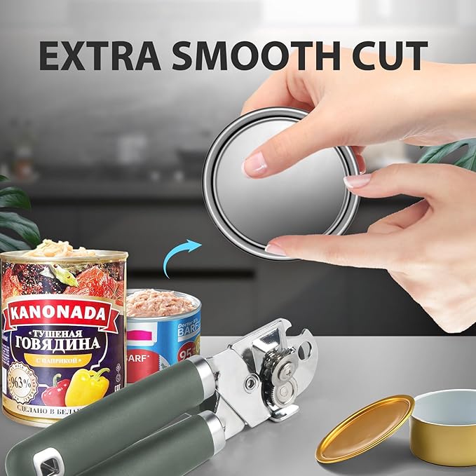 Can Opener Manual, Heavy Duty Handheld Strong Can Opener with Soft Touch Handle, Sharp Blade Smooth Edge, Can Openers with Multifunctional Bottle Opener, Hunter Green