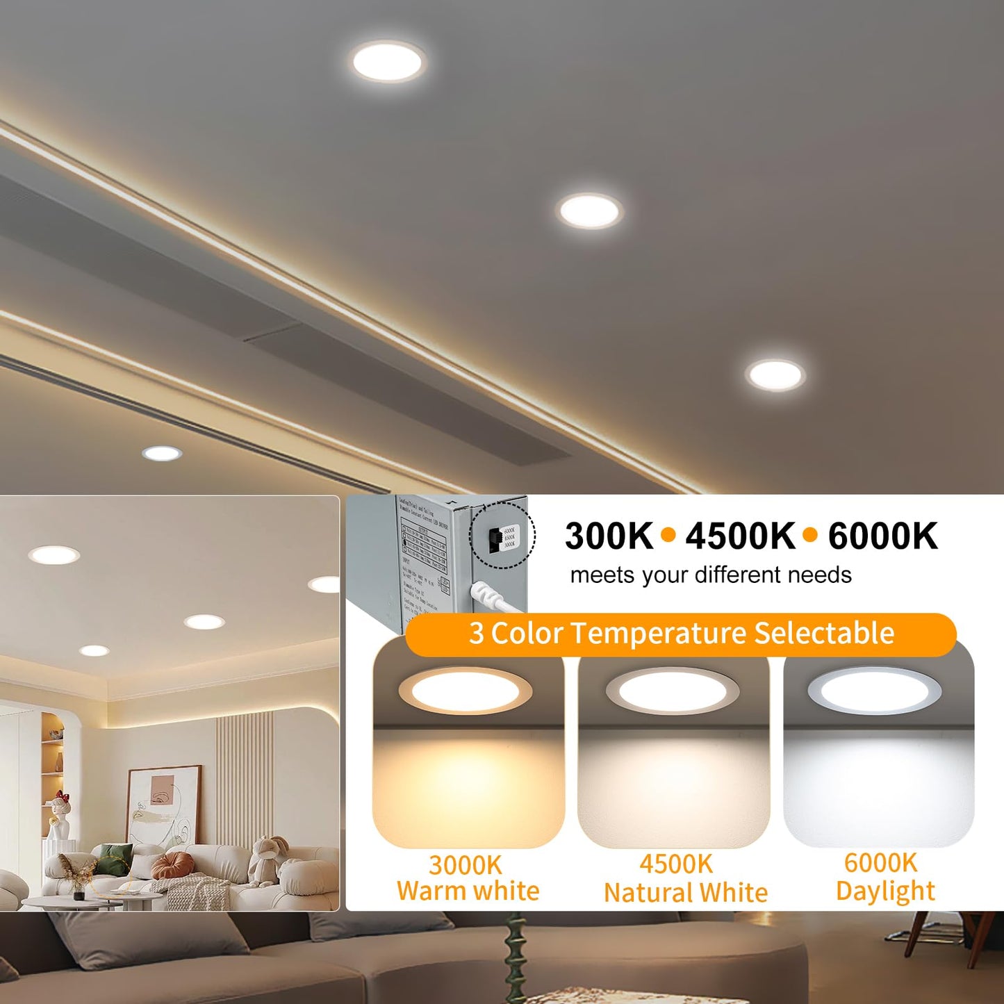 LZHOME 8 Inch Recessed LED Light: 18 Packs Ultra Thin LED Recessed Lighting with Junction Box, 3000K/4500K/6000K Selectable, 2700K-5000K, High Brightness 1800LM Dimmable Canless LED Downlight