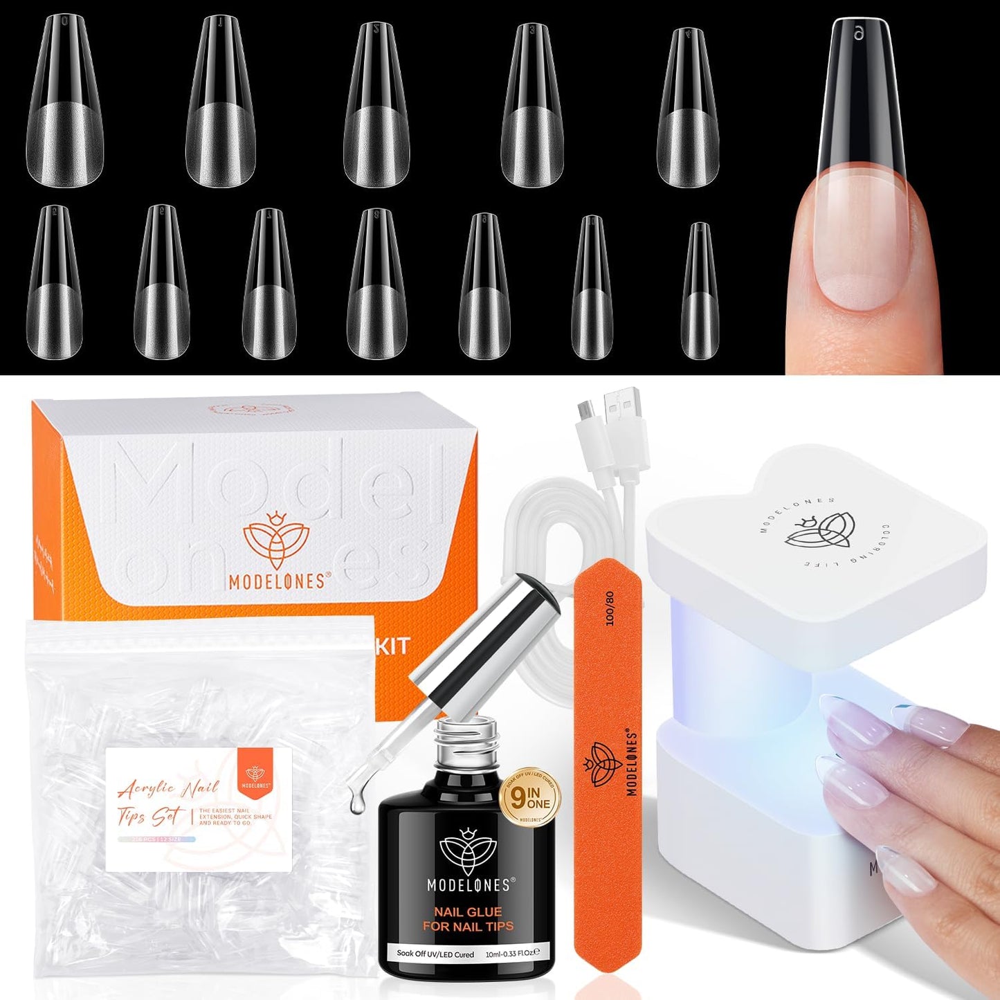 modelones Gel Nail Kit, Long Coffin Gel Nail Tips, 9-in-One Nail Glue & Portable U V Nail Lamp, 216Pcs 12Sizes Acrylic False Nai