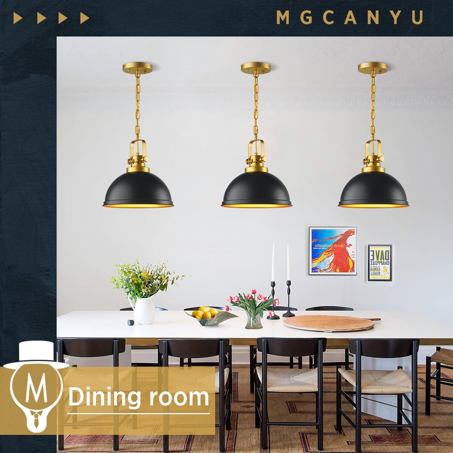 Mgcanyu Farmhouse Black And Gold Pendant Lights Kitchen Island  Matte Black Dome Pendant Lighting Gold Vintage Metal Hanging Ceiling Light Fixture For Living Dining Room Restaurant Entrance Sink