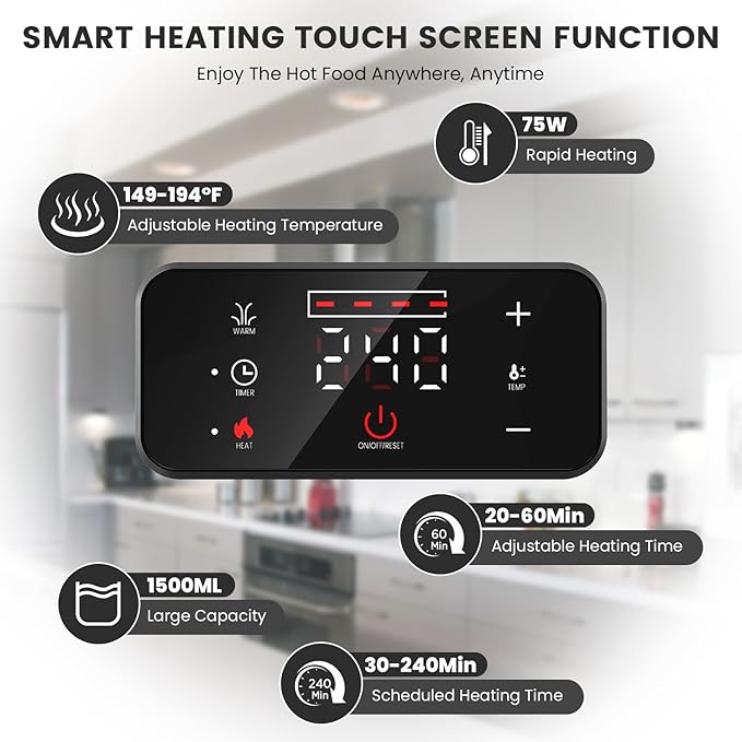 Electric Lunch Box - Rechargeable 75W Self-Heating Food Warmer with 6.3 Cups(1.5L) Stainless Steel Container, Heated Lunch Box For Office, Picnic, Car & Outdoor Use(Black)