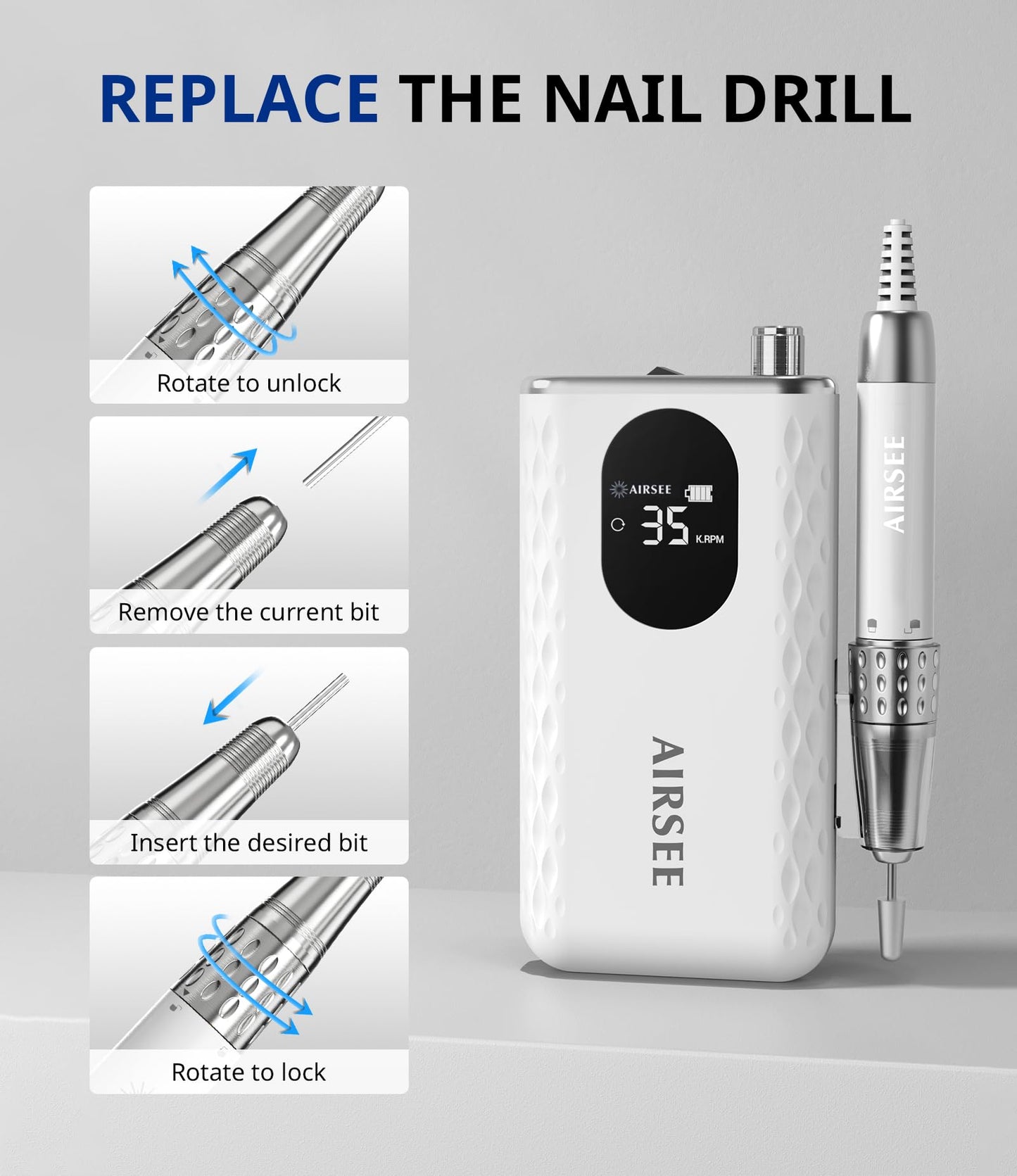 AIRSEE Updated Professional Nail Drill,Rechargeable Cordless Efile Machine for Acrylic Extension Gel Dip Powder Powerful Portabl