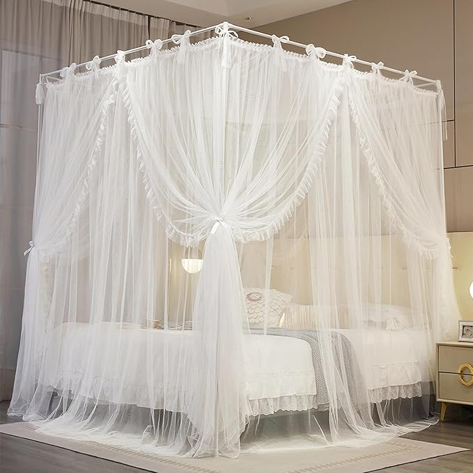 4 Corners Post Princess Curtain Bed Canopy Lace Up Double Layer 4 Opening Mosquito Net Mesh for Girls Bedroom Decoration(White, 64" W*82" L*82" H/Queen)