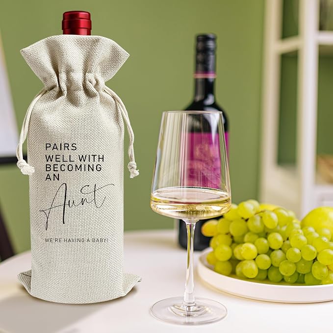 Pairs Well with Becoming An Aunt - Gifts for Sister Wine Bags, 1 PC Reusable Drawstring Burlap Wine Bottle Bags, Baby Announcement Gifts for Women Ladies, Wine Gift Bag Wine Accessories -39