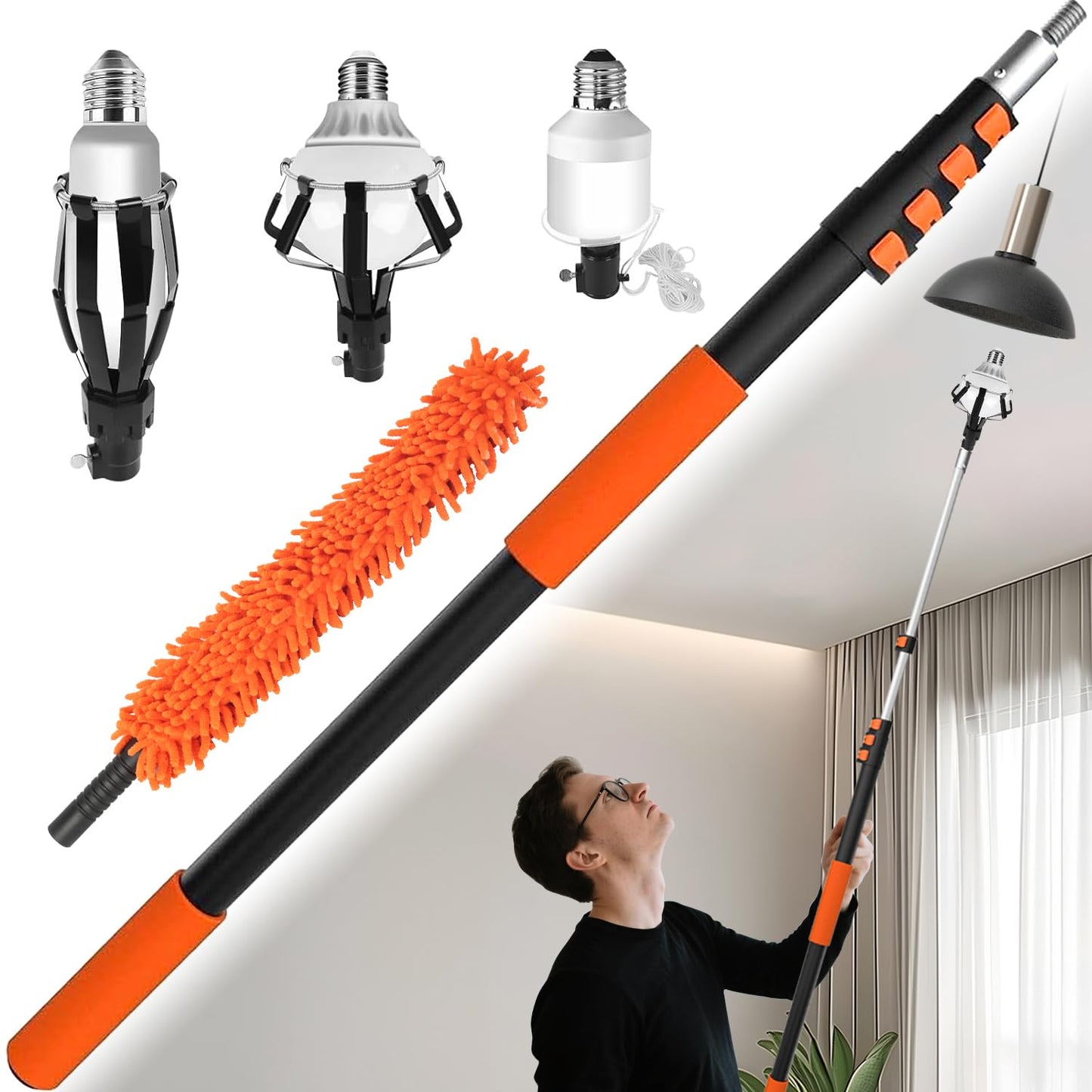 Light Bulb Changer For High Ceilings With 26Ft Reach  Telescopic Extension Pole For High Ceilings And Recessed Lights (5-20Ft) With Baskets  Suction Cup And Duster With Extension Pole