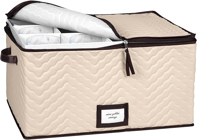 Wine Glass Storage Box with Dividers - Stemware Storage Case, Durable Quilted Microfiber Bin with Carry Handles, Protects Fine China - Durable Quilted Microfiber Bin with Carry Handles (1 Pack, Red Wine Glass)