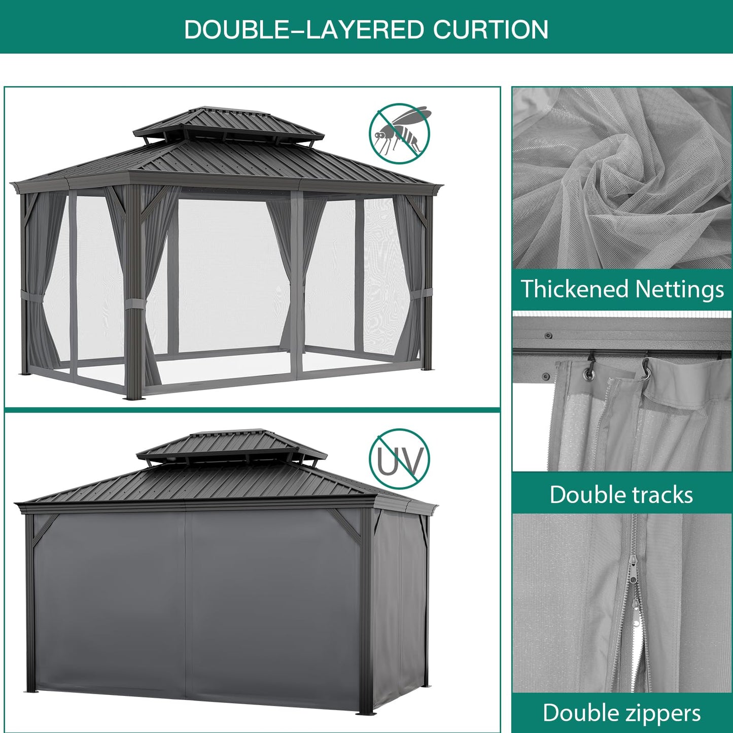 12'x18' Hardtop Gazebo, Heavy Duty Aluminum Permanent Hardtop Gazebo Outdoor Pavilion with Curtains and Netting for Garden