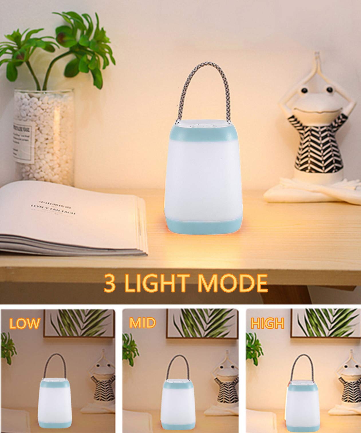 Hathdia Night Light for Kids, USB Rechargeable Portable Lantern, 3 Light Modes, Plastic, Cyan, 1 Pack