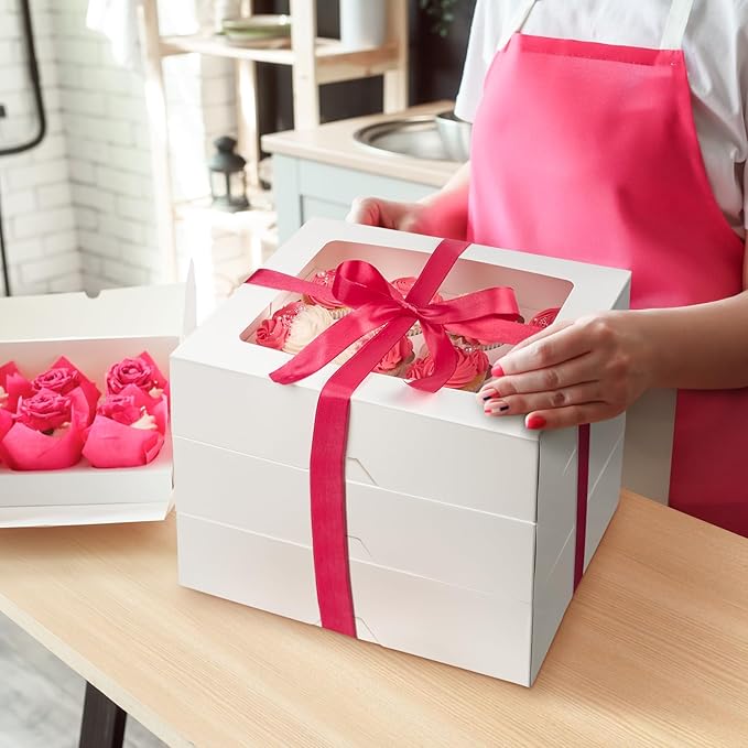 12 Count Cupcake Boxes, 8 Pack Auto-Popup White Cupcake Containers with Window and Inserts Cupcake Carrier with Holders to Fit Dozen Cupcakes and Muffins