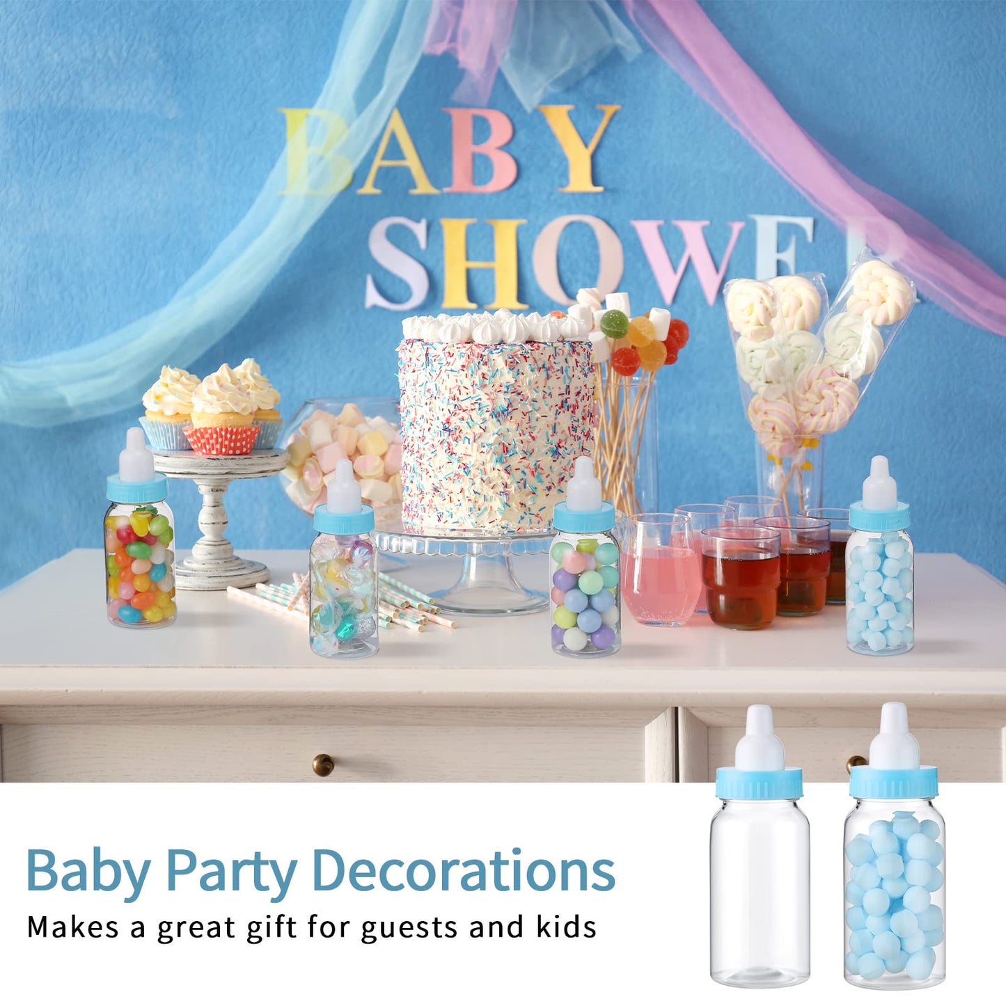 48 Pcs 4.5 Inch Baby Bottle Shower Favor Mini Plastic Candy Bottle Baby Shower Fillable Feeding Candy Box for Party Boy Girl Birthday Newborn Baptism with Removable Blue Tops