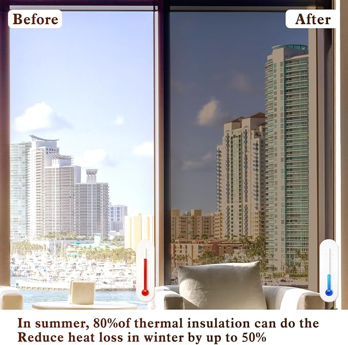 Window Privacy Film One Way Daytime Mirror Tint Treatments UV Heat Control Vinyl Stickers Sun Block Glass Paper Door Covering Reflective 35.4 Inch x 32.8 Feet Brown Silver