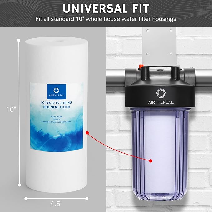 Airthereal 10" x 4.5" Whole House PP Sediment Water Filter, 5 Micron 10-inch Water Filter Replacement Cartridge for City and Well Water, 4-Pack
