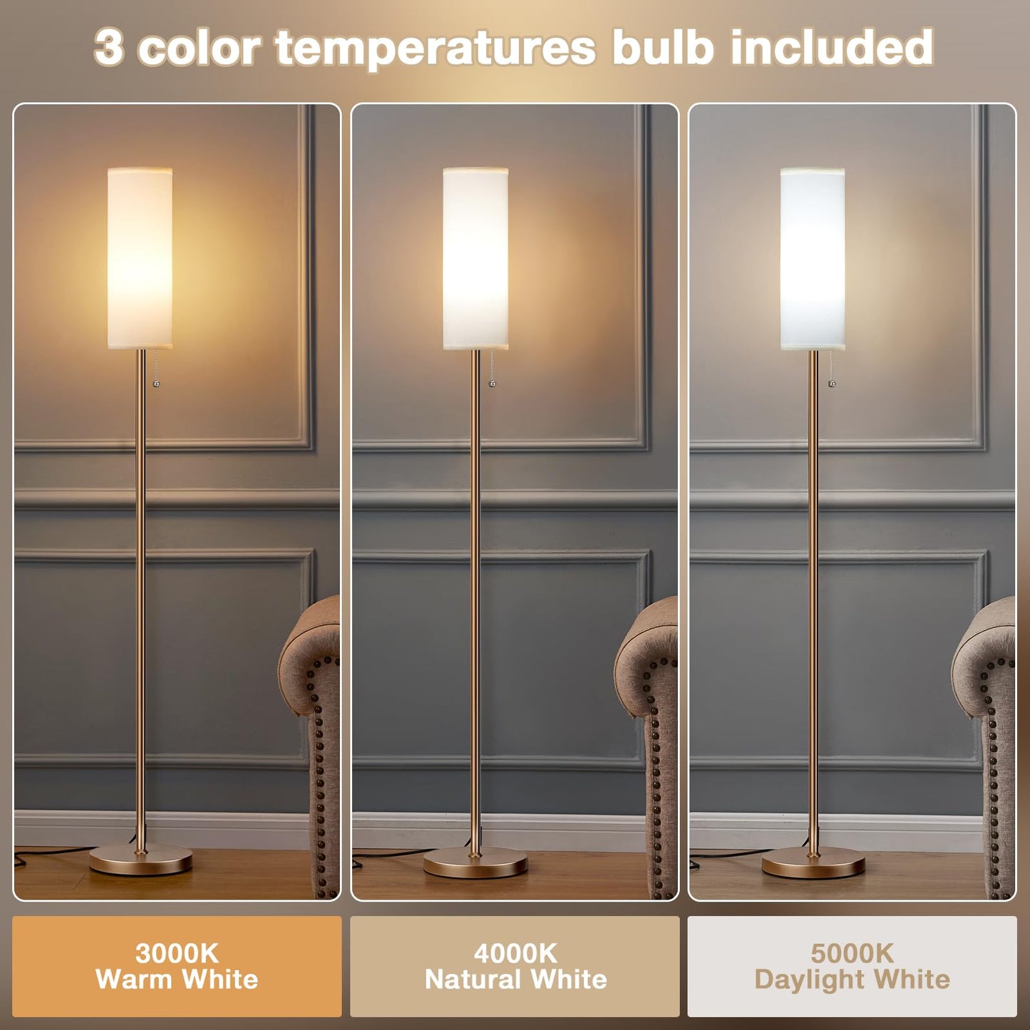 Ambimall Floor Lamp, 64in Tall, Metal, 3 Color Temperatures, White Shade & Brown Pole, Model RPT-ZGB20212