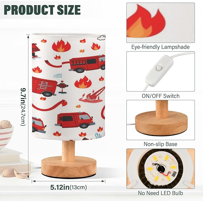 Firefighter Fire Truck Table Lamp for Bedroom Bedside Lamp Desk Lamps Cylinder Nightstand Lamp for Living Room Office Decor
