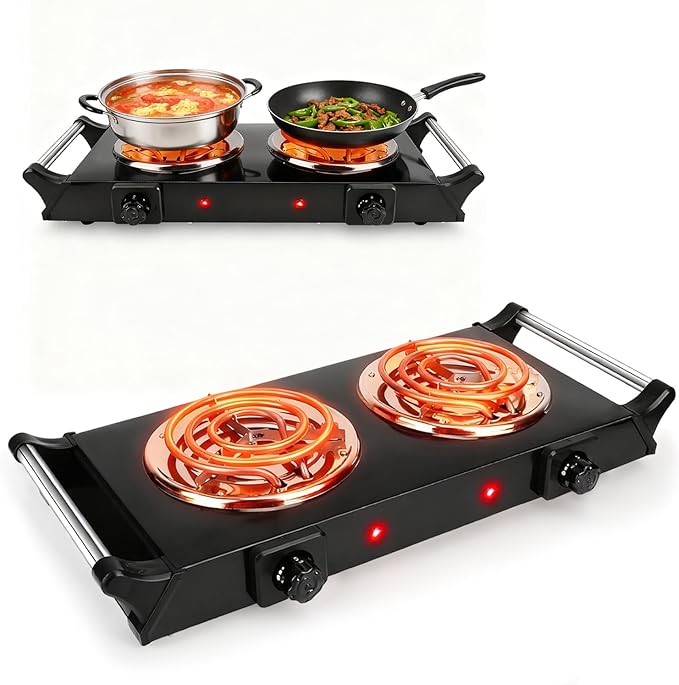 Double Hot Plate, 2000W Portable Countertop Burner & Electric Stove, 5-Level Temp, Portable Handle, Cast Iron Double Burner Cooktop for Home/RV/Camping (Black)