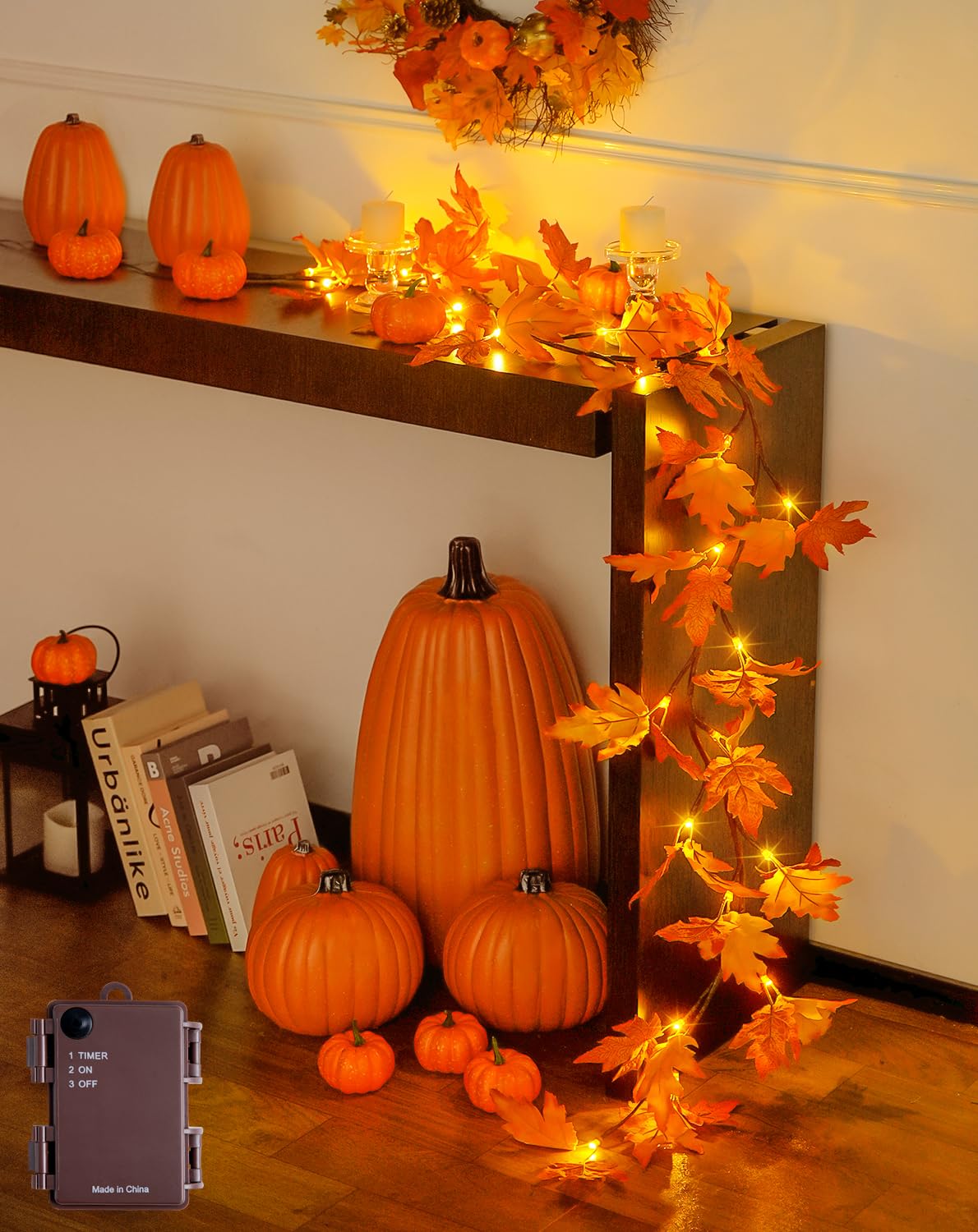 JMEXSUSS 6FT Fall Garland with Lights for Thanksgiving, Fall Decor for Room Fireplace Mantel, 24 Orange LED Maple Fall Lights Ba
