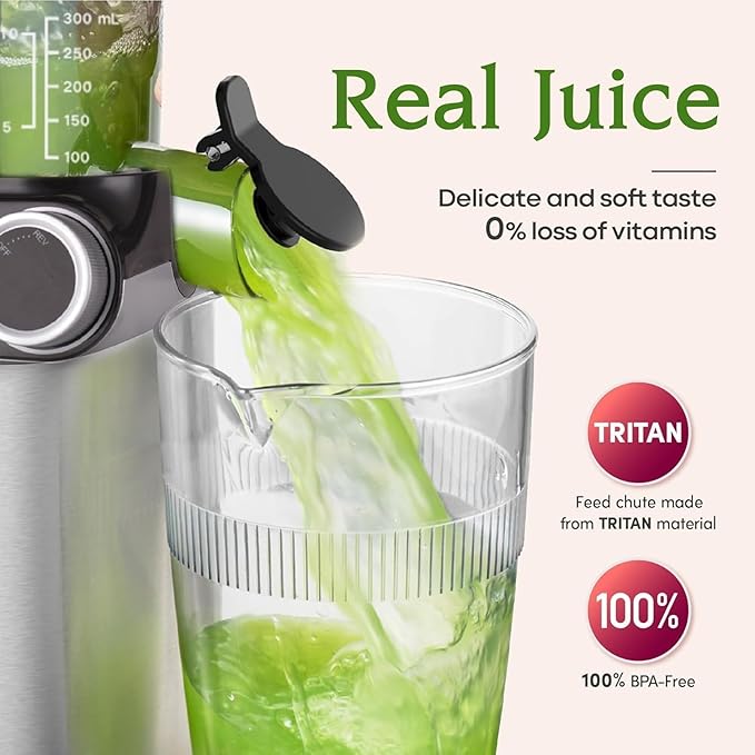 Anybear Cold Press Juicer, 200W Slow Masticating Juicer 4.3" Large Feed Chute Fit Whole Fruits Vegetables | Upgraded Auger | Tritan Materials | BPA Free | Easy to Clean with Brush (Silver)