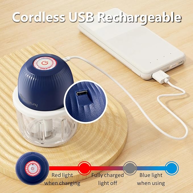 Mini Food Processor Cordless, 250ml Small Garlic Chopper 1 Cup, Battery USB Rechargeable Electric Food Chopper Wireless, Portable Vegetable Meat Blender Kitchen Mixer for Onion, Salad, Xmas Gift(Blue)