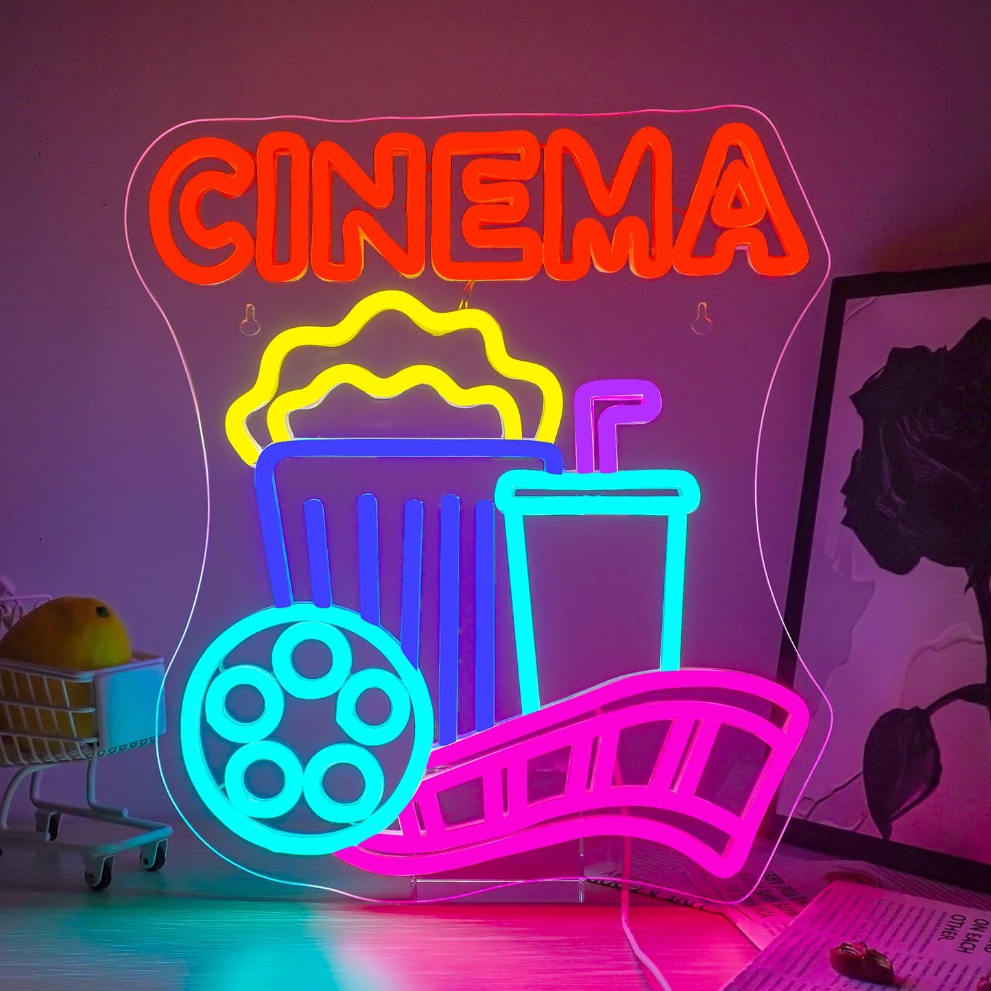 Looklight Cinema Popcorn Paper Box LED Neon Sign, Dimmable USB Light, 16x12 inches, Plastic, Cinema Color