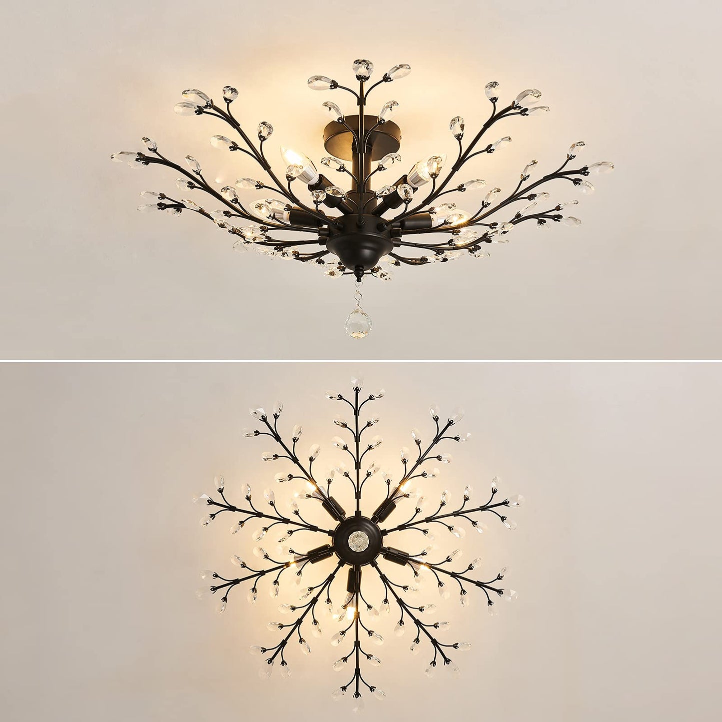 CVKASH 5-Light Vintage Crystal Chandelier Metal Semi Flush Mount 29.9 Inch Black Y-92