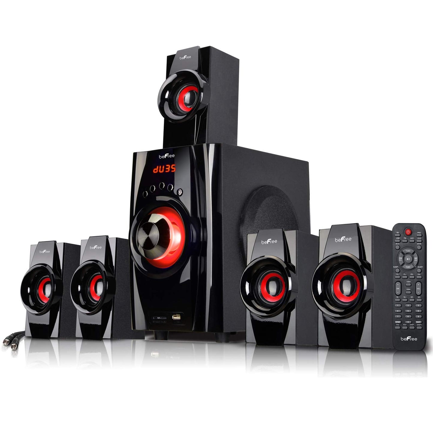 Be Free Sound 5.1 Channel Surround Sound Bluetooth Speaker System In Red With Remote Control, Fm Radio, 4 Amplifier, 2.5 Speaker