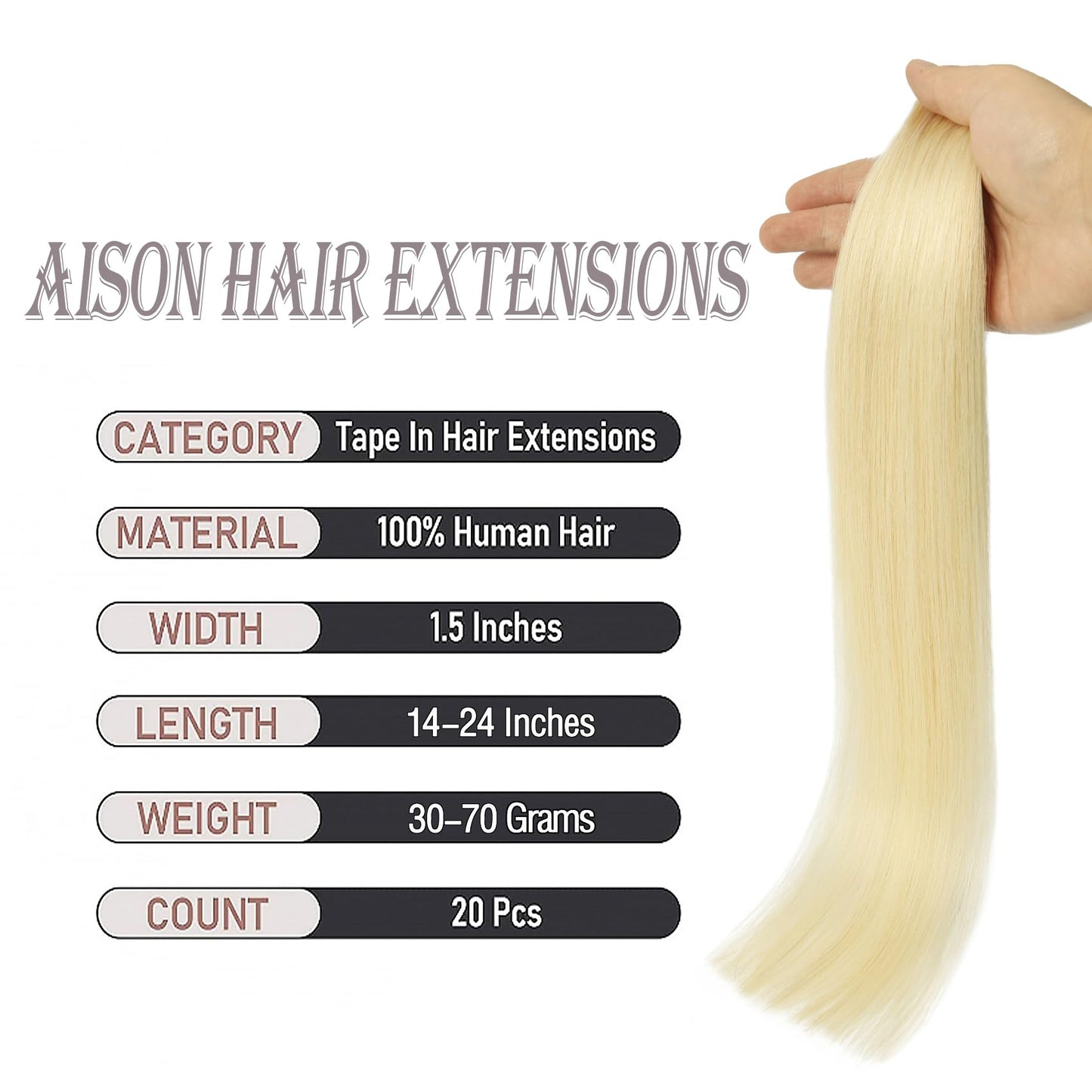 Aison Tape in Hair Extensions Platinum Blonde 100% Remy Human Hair Extensions Silky Invisible Straight for Fashion Women 20 Pcs/